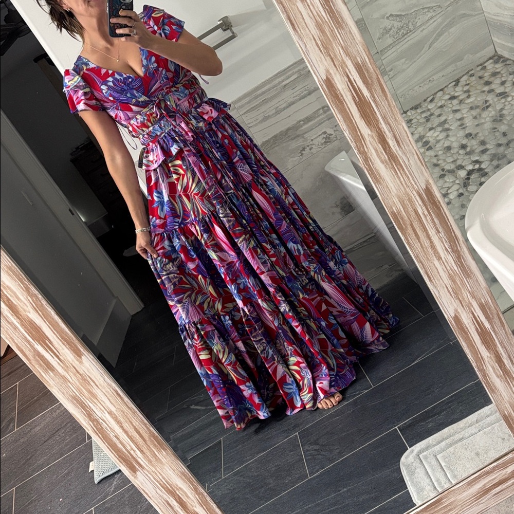 stunning LARA Floral Maxi gown with red, Blue & Purple Accents